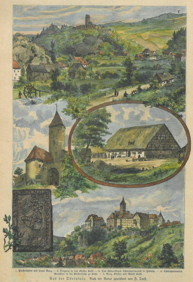 Ein altes Illustration eines deutschen Dorfes namens "Günterberg, Deutschland, 1857" mit Häusern, Bäumen, Hügeln und einem bewölkten Himmel.
