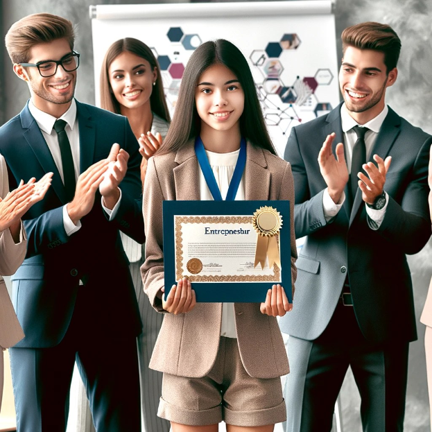 Eine Gruppe von Menschen in einem beruflichen Setting klatscht und feiert, während eine Frau in der Mitte eine Urkunde hält und eine Medaille um den Hals trägt.