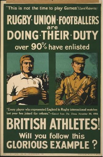 Zwei Rugbyspieler in einem Plakat, das britische Athleten zur Einberufung aufruft, mit begleitendem Text.