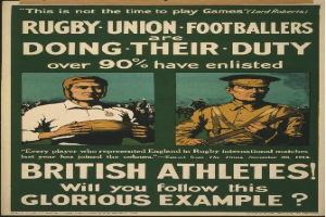 Zwei Rugbyspieler in einem Plakat, das britische Athleten zur Einberufung aufruft, mit begleitendem Text.