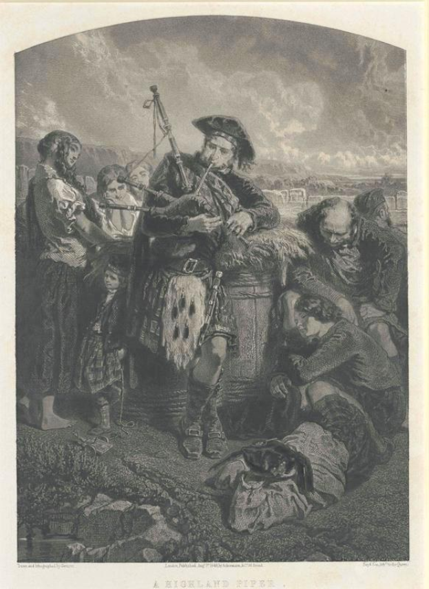 Schwarze und weiße Gravur eines Mannes, der eine Dudelsackpfeife vor einer Gruppe von Menschen spielt, mit einem bewölkten Himmel im Hintergrund und der Aufschrift "A Highland Pipe" unten.
