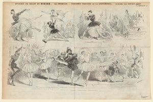 Eine Buchseite mit einer lebendigen Zeichnung einer Gruppe von Menschen, die im Einklang tanzen, mit begleitendem Text, der das Datum, die Uhrzeit und den Ort des Ereignisses angibt.