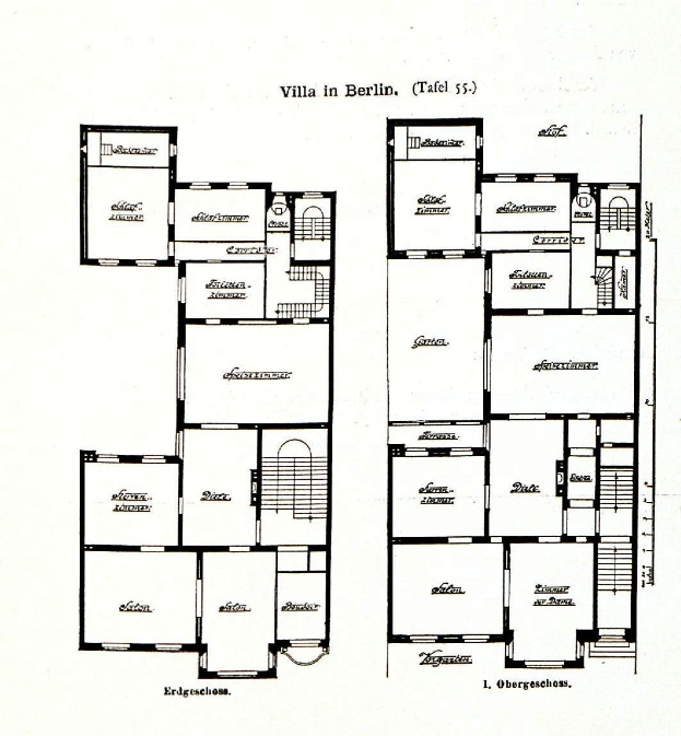 Schwarzes und weißes Architekturdiagramm eines Berliner Hauses mit beschrifteten Raumgrößen, Fenstern und Türen.