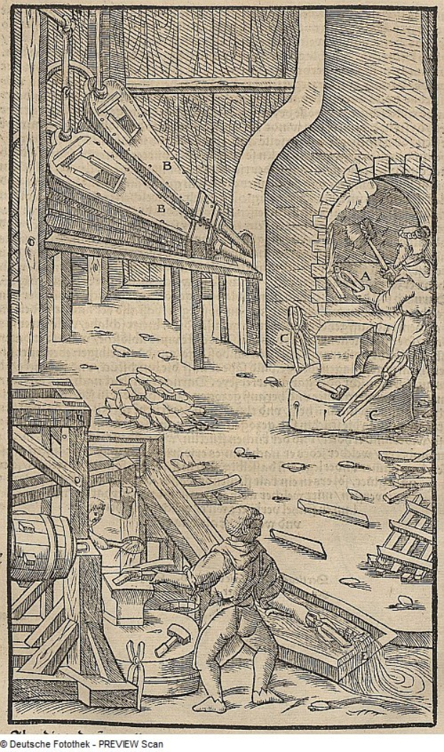 Gravur eines Mannes in einer Fabrik umgeben von Holzgegenständen, beschriftet mit "Fotothek - Die Schmiede" unten.