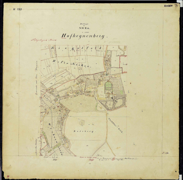 Alte Karte von Hofhegenberg, Deutschland, mit schwarzem Umriss, zeigt Straßen, Gebäude und Sehenswürdigkeiten.
