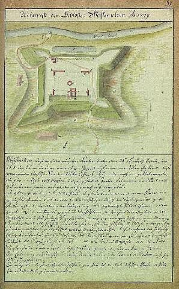 Ein altes Stadtplan von Stuttgart, Deutschland, mit einer zentralen Illustration eines Schlosses und beschreibendem Text über seine Größe, Lage und Merkmale.