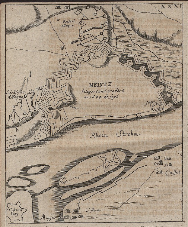 Ausführliche alte Karte von Meintz, Deutschland, zeigt Straßen, Gebäude und Sehenswürdigkeiten mit Text zu Bevölkerung, Lage und historischer Information.