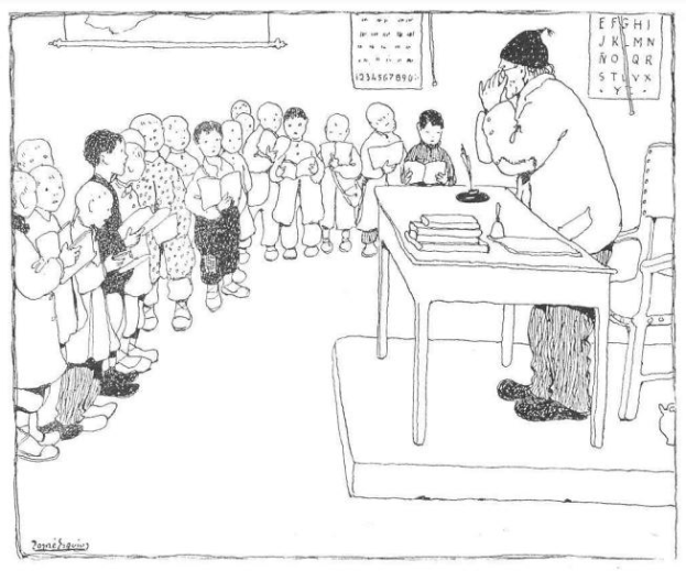 Ein Mann sitzt an einem Schreibtisch mit Büchern und Gegenständen, während Kinder ihm gegenüberstehen; Papiere mit Text hängen an der Wand hinter ihm, was auf eine Schulumgebung hinweist.