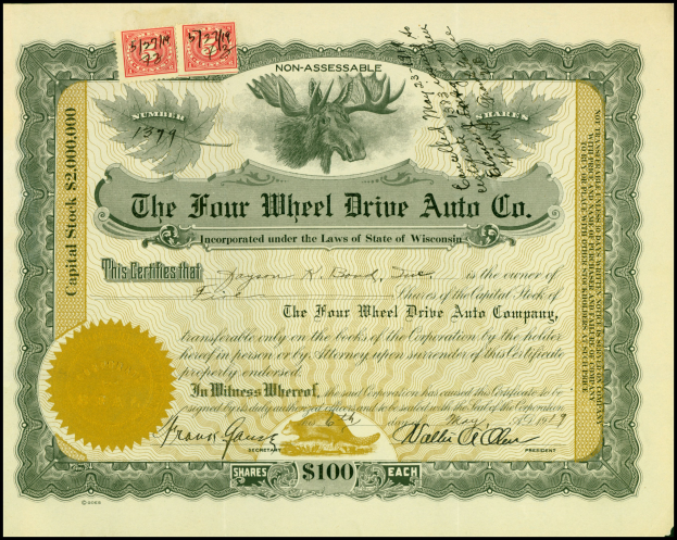Vierradantrieb-Auto-Aktiengesellschaft mit Rahmen und goldener Prägung, Text, numerischen Werten und mehrfarbigen Stempeln