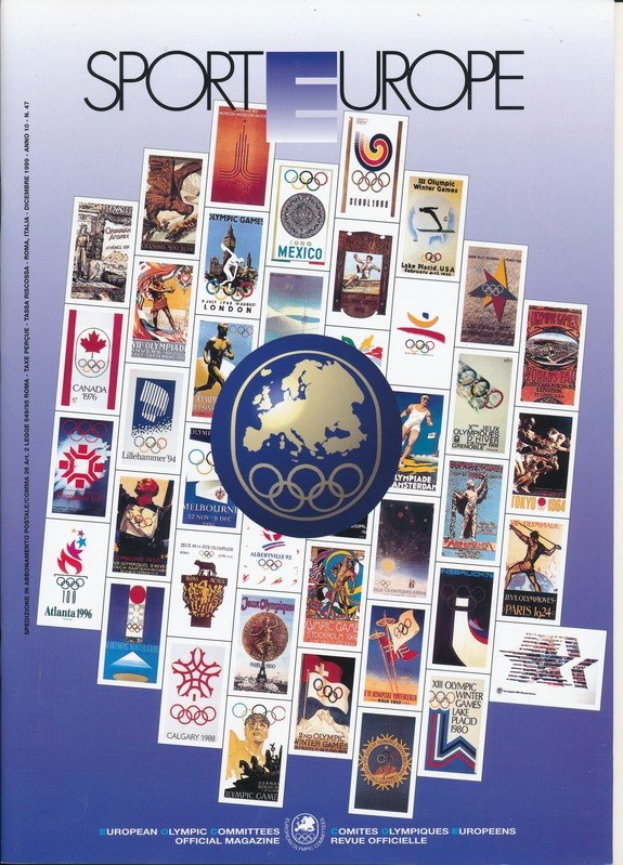 Ein Buchumschlag mit dem Titel "Sport in Europa", der farbenfrohe Olympische Spiele-Imagery und -Text in Europa zeigt.
