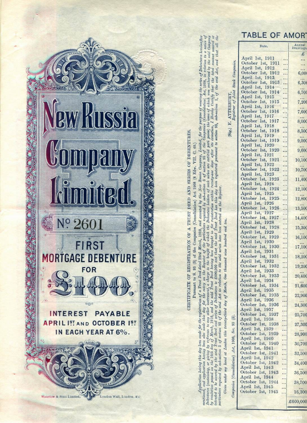 Altes Buch mit einem Aktienzertifikat der New Russia Company Limited auf dem Umschlag