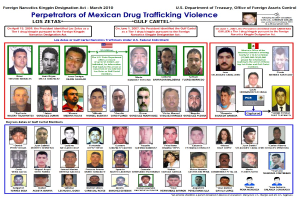 Plakat mit der Aufschrift "Verbrecher der mexikanischen Drogenkriminalit├Ąt" mit Bildern verschiedener Personen und fettem schwarzem Text auf einem hellblauen Hintergrund.
