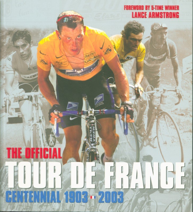 Ein Plakat zum 100-jährigen Jubiläum der Tour de France von 1903 bis 2003, das eine Gruppe von Radfahrern und Text über das Ereignis zeigt.