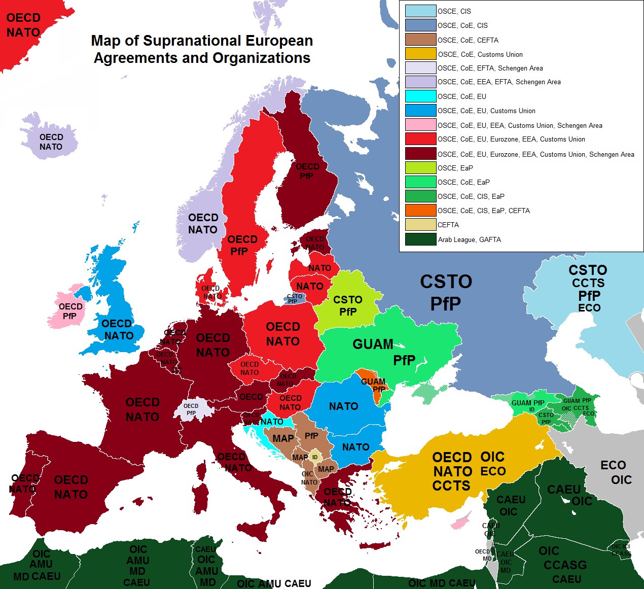 Farbcodierte Europakarte, die Länder und ihre entsprechenden Vereinbarungen oder Organisationen zeigt, mit begleitenden Textbeschriftungen.
