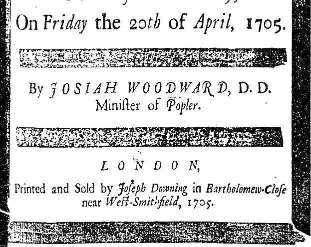Schwarz-weißes Plakat mit der Aufschrift "Am Freitag, den 20. April 1705 von Joshua Woodward, D.D."