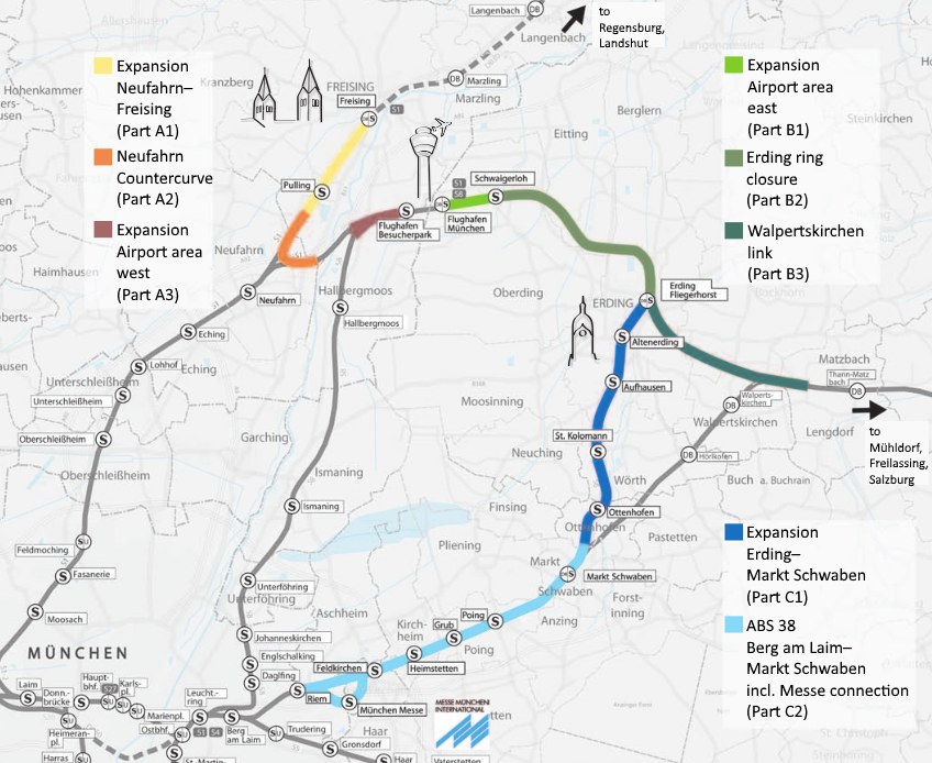 Eine detaillierte Karte einer Stadt mit einer hervorgehobenen Zugroute von München nach Frankfurt, einschließlich Haltestellen, Umgebung und Zuginformationen.