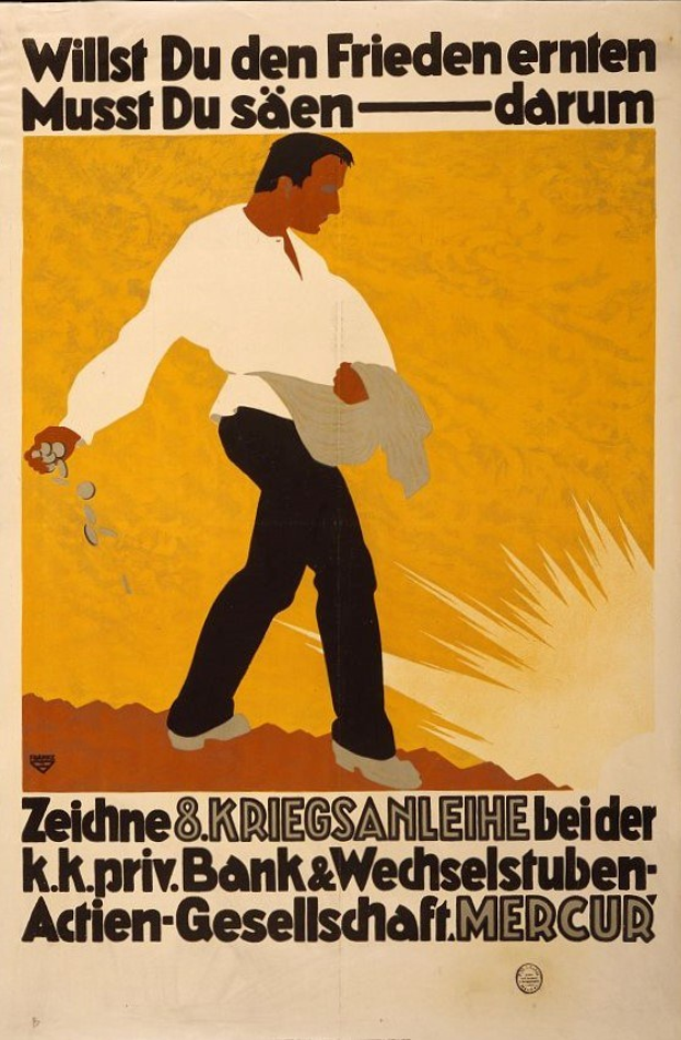 Deutsches Propagandaplakat für die Bank von Deutschland mit einem Mann in einem weißen Hemd und schwarzen Hosen sowie Textinformationen über die Bank und ihre Dienstleistungen.