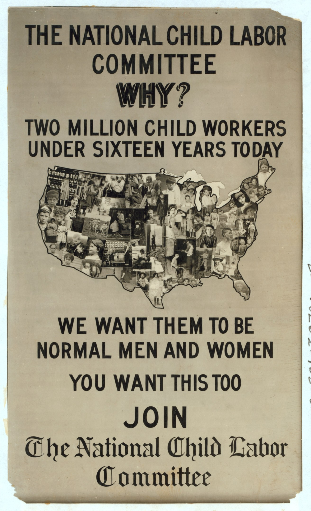 Plakat mit der Aufschrift "Nationaler Ausschuss für Kinderarbeit: Warum? Zweieinhalb Millionen Kinderarbeiter unter sechzehn Jahren heute" mit einer USA-Karte und menschlichen Figuren, die Ausschussmitglieder darstellen.