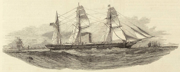 Gravur eines detaillierten Segelschiffs mit geblähten Segeln und glänzendem Rumpf, das auf dem Meer segelt, mit anderen Schiffen im Hintergrund und Text unten.