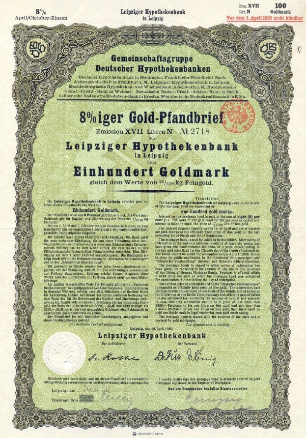 Altes grünes Wertpapier der Leipzig Hypothekbank mit gedrucktem Text und einem Stempel.