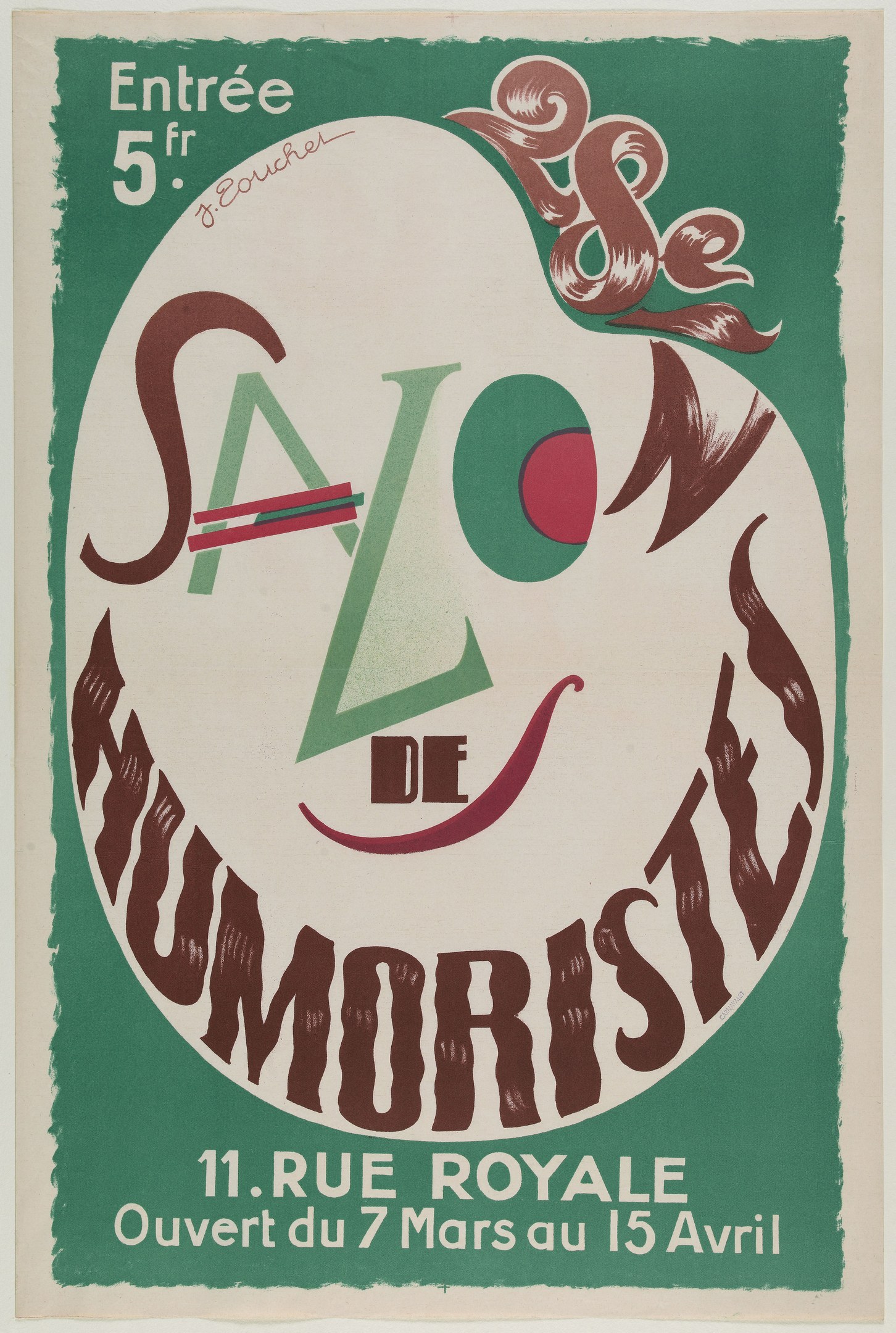 Plakat, das eine Humoristen-Vorführung in Paris, Frankreich, ankündigt, mit Text, der die Angebote beschreibt.