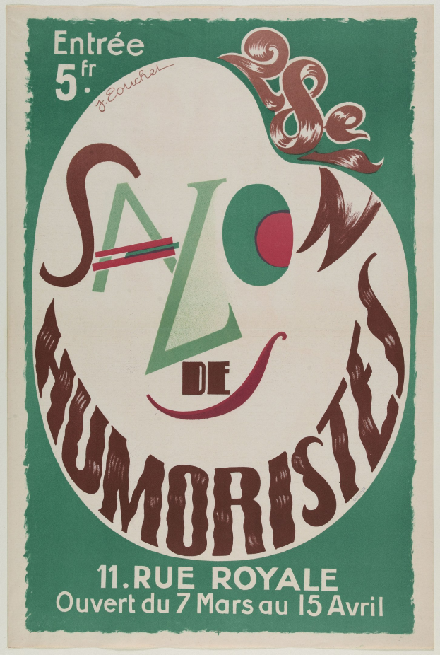 Plakat, das eine Humoristen-Vorführung in Paris, Frankreich, ankündigt, mit Text, der die Angebote beschreibt.