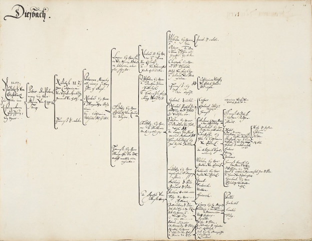 Offenes Buch mit handschriftlicher genealogischer Familiengeschichte