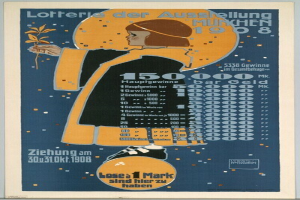 Ein Plakat an einer Gebäudewand mit einer Frau, die eine Blume hält, und Text und Zahlen, wahrscheinlich eine Lotterieankündigung.