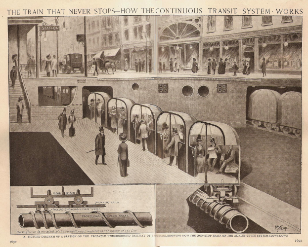 Eine Zeitung mit Bildern von Menschen, Zügen und anderen Gegenständen sowie einem Titel, der lautet: "Der Zug, der nie aufhört - wie das ständige Transportsystem funktioniert."