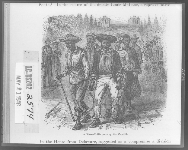Schwarze und weiße Zeichnung einer Gruppe von Menschen, die eine Straße entlanggehen, einige tragen Hüte und halten Stöcke, mit Bäumen und einem Gebäude im Hintergrund und Text unten, der "Süden im Laufe der Debatte Louis McLane, ein Vertreter im Haus aus Delaware, schlug als Kompromiss eine Teilung vor."