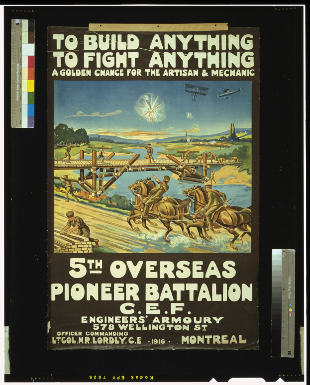 Plakat für das 5. Überseepionierbataillon mit der Aufschrift "Alles Bauen für den Kampf: Eine goldene Chance für Handwerker & Mechaniker", das eine Gruppe von Menschen vor einem blauen Himmel mit weißen Wolken zeigt.