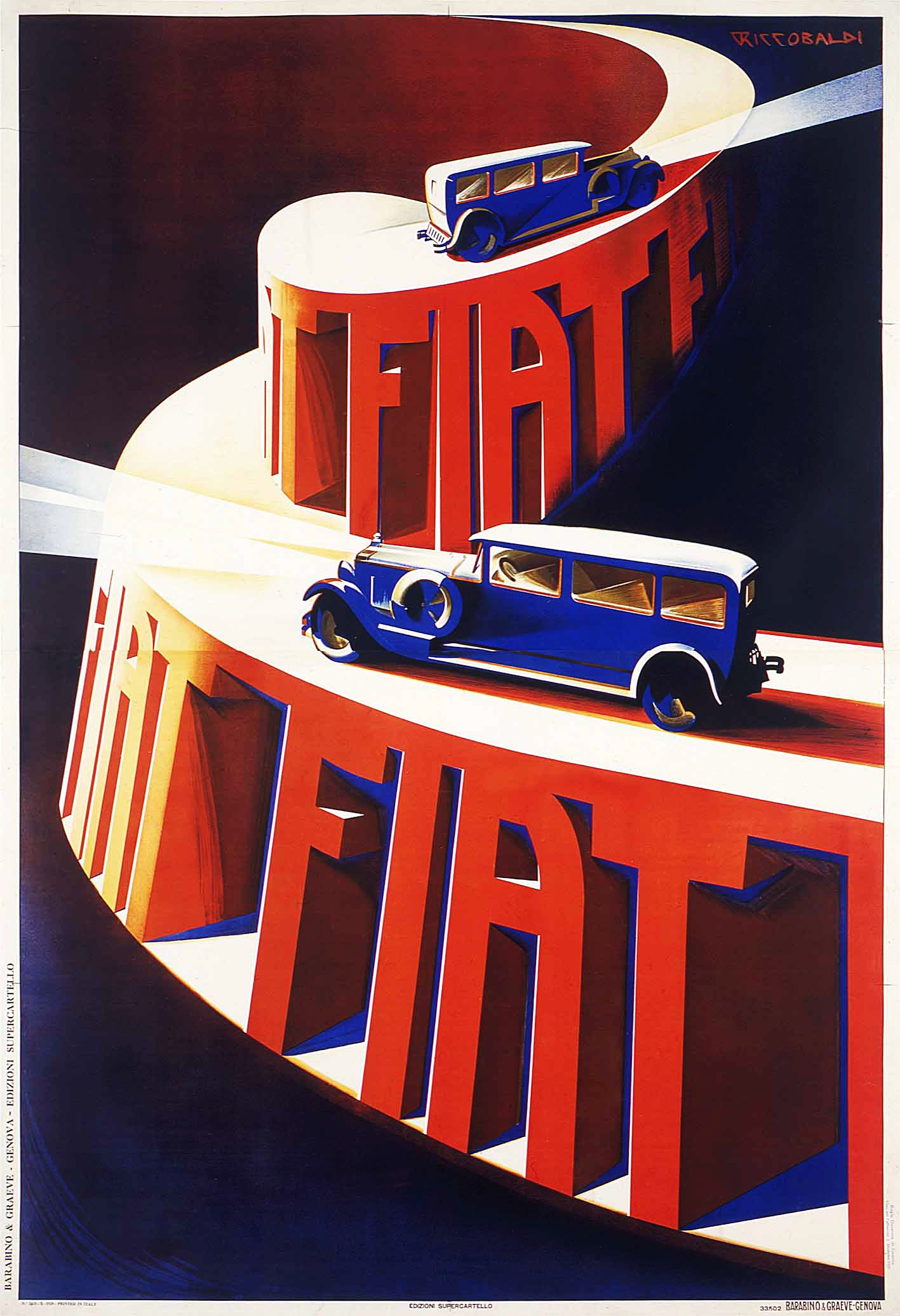 Blaue und rote Fiat-Autos auf einem Werbeplakat mit dem Markennamen "Fiat".