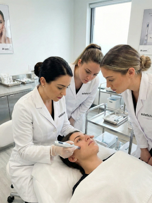 Ein modernes Kosmetikstudio: Drei Fachkräfte in professioneller Kleidung führen konzentriert eine Hautbehandlung durch. Die Atmosphäre wirkt sachlich und kompetent, mit Fokus auf fortschrittliche Pflegeverfahren in einer hygienischen Umgebung.