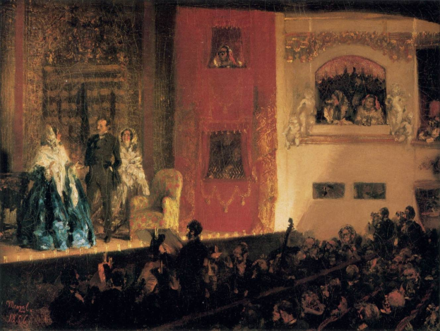 Gemälde namens 'Die Oper' (1856) zeigt eine Gruppe von Darstellern auf der Bühne mit Instrumenten und Sitzgelegenheiten vor einem Publikum und einer Wand im Hintergrund.