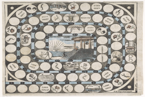 Ein Siedler von Catan-Brettspiel mit zahlreichen Kreisen, Zahlen und Bildern, das eine zentrale Abbildung einer Person zeigt, die vor einem Gebäude steht, umgeben von Bäumen, Wasser und Himmel.