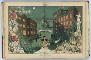 Offenes Buch mit dem Titel "Drei Denkmäler" (1892) mit einer detaillierten Illustration einer belebten Stadtlandschaft mit Menschen, Gebäuden, Bäumen, Pflanzen und Blumen.