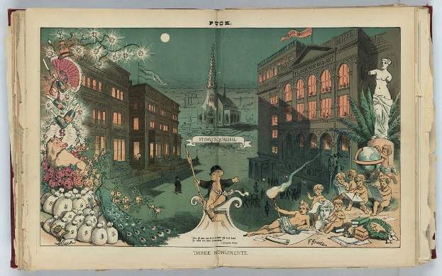 Offenes Buch mit dem Titel "Drei Denkmäler" (1892) mit einer detaillierten Illustration einer belebten Stadtlandschaft mit Menschen, Gebäuden, Bäumen, Pflanzen und Blumen.