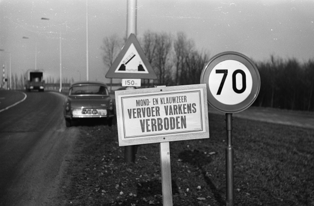 Ein Schwarz-Weiß-Foto eines Tempolimitschildes am Straßenrand mit einem vorbeifahrenden Auto, Bäumen, Polen und einem klaren Himmel im Hintergrund.