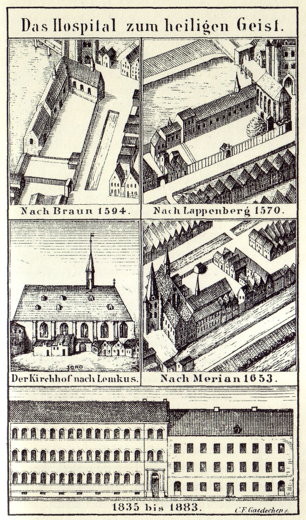 Eine detaillierte Plakatillustration eines deutschen Krankenhauses mit Gebäuden, die Fenster, Türen und Balkone aufweisen, begleitet von Text, der die Größe, den Standort und die Merkmale des Krankenhauses beschreibt.