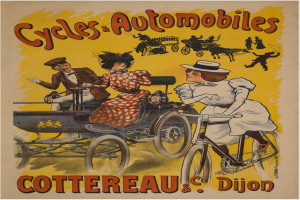 Plakat wirbt für Fahrräder und Automobile in Cottereau und Dijon, Frankreich, zeigt Menschen auf Fahrrädern und eine Kutsche mit 'Fahrräder und Automobile' oben.