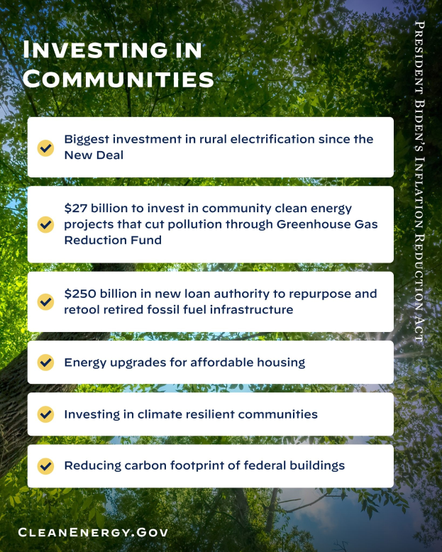 Plakat mit Bäumen und Himmel im Hintergrund, das den Text 'Investing in Communities: Biggest Investment in Rural Electricity Since the New Deal' zeigt.