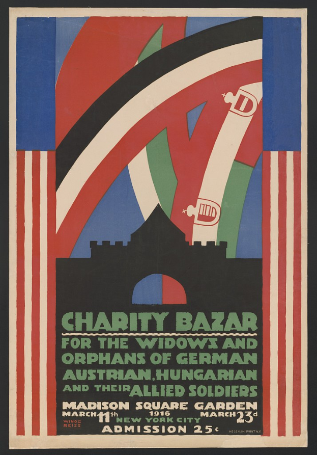 Plakat für Basar zugunsten von Witwen und Waisen deutscher, australischer, ungarischer und alliierter Soldaten mit Veranstaltungsdetails.