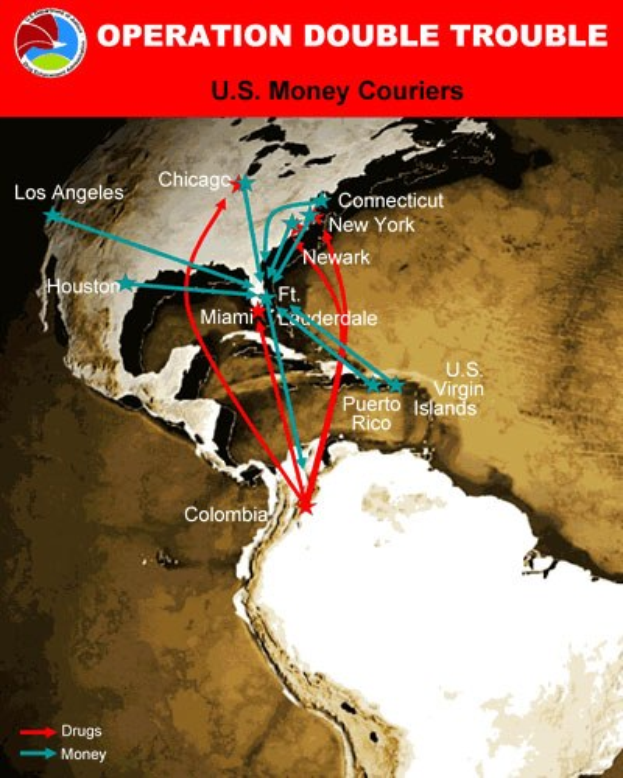 Plakat mit dem Titel "Operation Double Trouble: US-Geldkurier" mit einer Karte der USA, die in zwei Abschnitte unterteilt ist: einer zeigt die Route der US-Geldkurier und der andere zeigt die Standorte der Geldträger, mit fetter schwarzer Schrift auf einem weißen Rand.