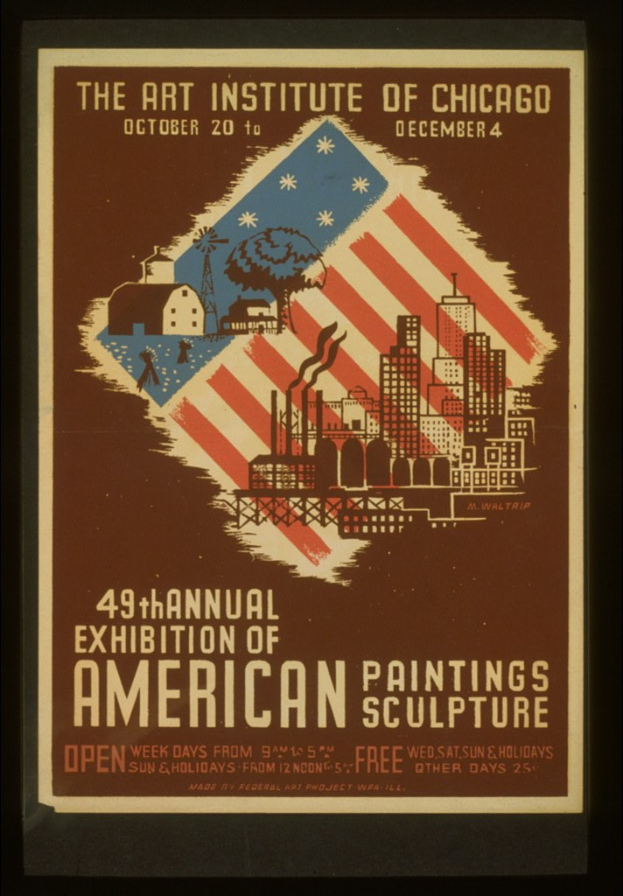 Plakat für die 49. Jahresausstellung von amerikanischen Malereien und Skulpturen des Art Institute of Chicago, das Text und Bilder zum Ereignis enthält.