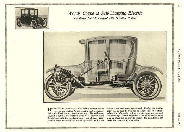 Anzeige für einen eleganten, modernen Wood's-Coupé-Elektroauto mit geschwungener Dachlinie, großer, eckiger Frontgrille, glänzenden großen Rädern und getönten Fenstern, das auf einer grasbewachsenen Fläche mit Bäumen im Hintergrund geparkt ist.