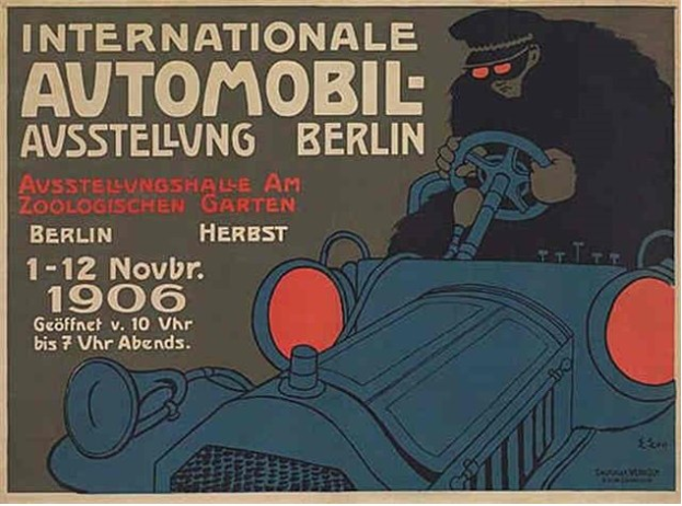Ein Plakat für eine internationale Automesse in Berlin mit einer Cartoon-Fahrerin in einem Auto.