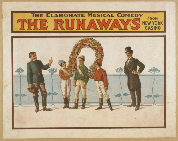 Plakat für "Elaborate Musical Comedy Runaways from New York Casino" mit einer Gruppe von Menschen in einer Reihe, wobei einer einen Blumenstrauß hält, und Text, der die Show beschreibt.
