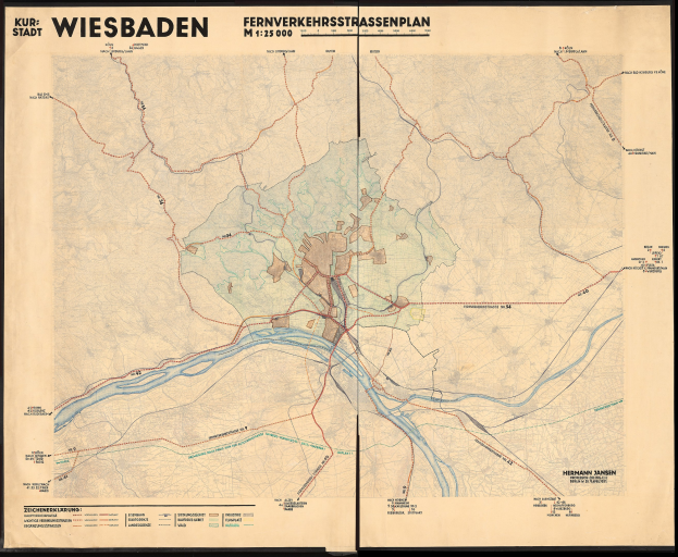 Alte Karte von Wiesbaden, Deutschland, gerahmt und zeigt Straßen, Gebäude und Sehenswürdigkeiten mit beschreibendem Text.