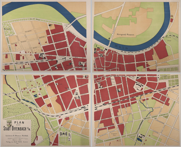 Detailierte Stadtplan-Poster von Stadt Offenbach, Deutschland, mit Straßen, Gebäuden und Sehenswürdigkeiten mit beschriftetem Text.