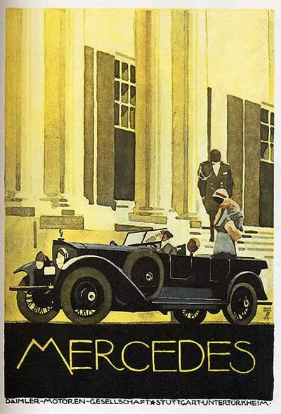 Vintage-Mercedes-Benz-Plakat aus den 1920er Jahren mit einem klassischen Auto vor einem modernen Gl├Ąserbau, mit zwei Personen im Auto und 'Mercedes-Benz'-Text unten.